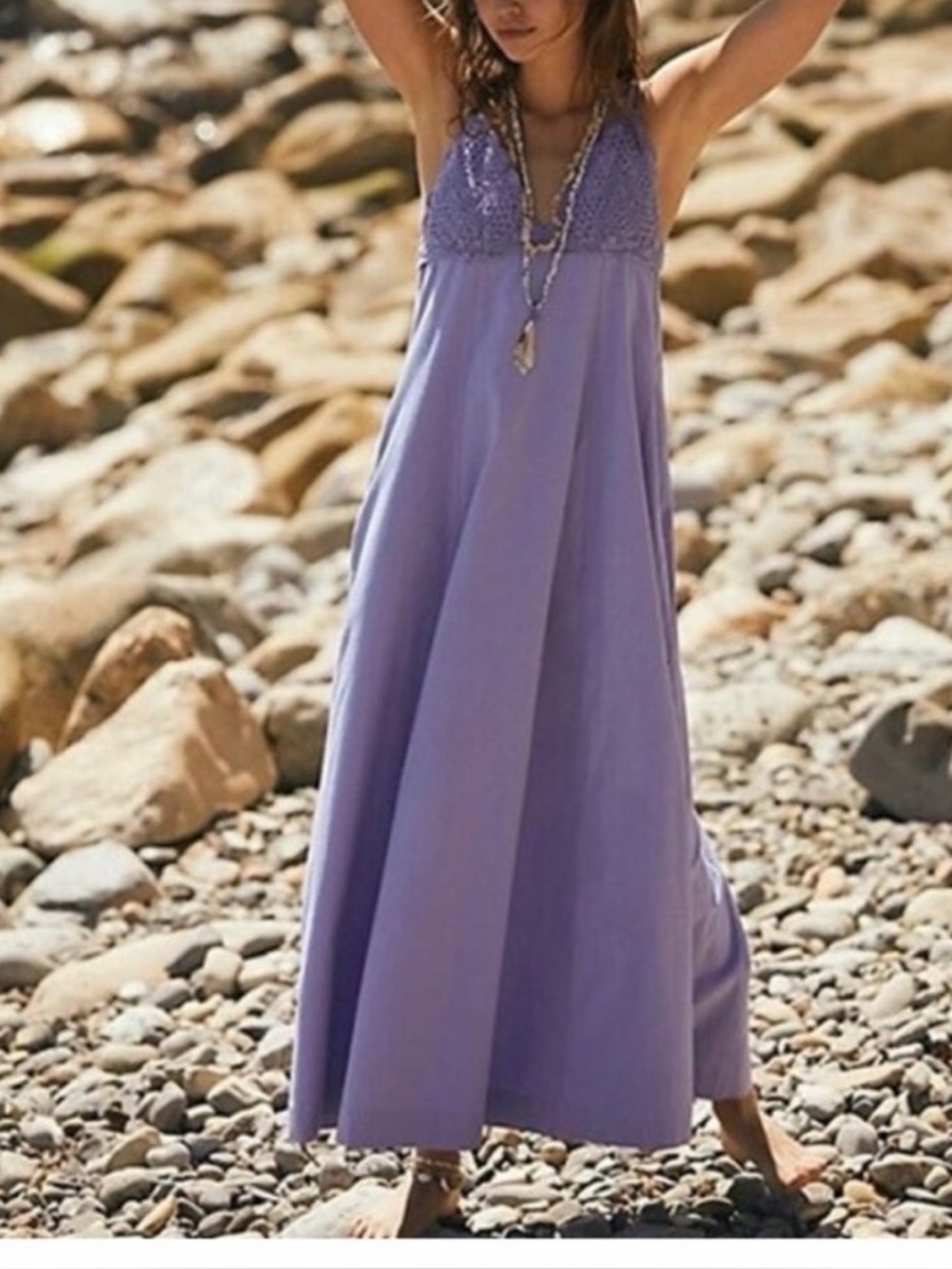 Free People Crochet Lovey Maxi Dress Periwinkle Women's Large Boho Vacation